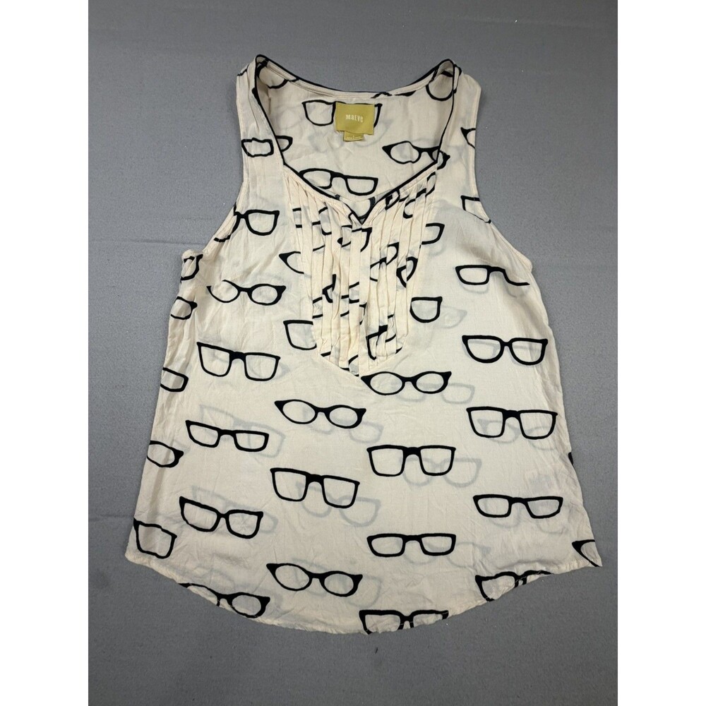 Anthropologie Maeve Novelty Retro Eyeglasses Print Pintuck Pleated Tank Top 4